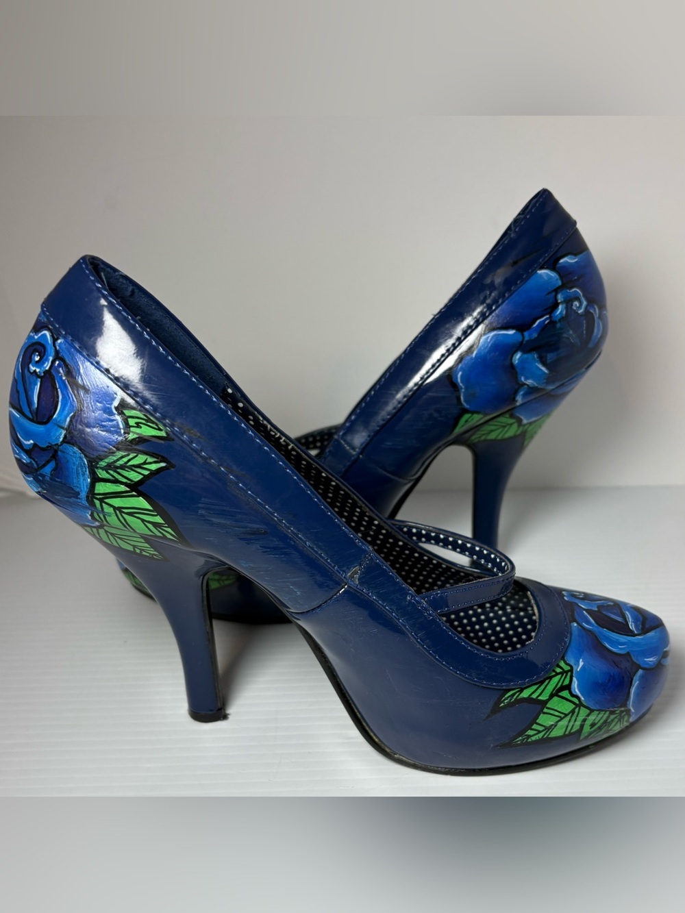 Hand-Painted Blue Floral Mary Jane Heels - Women